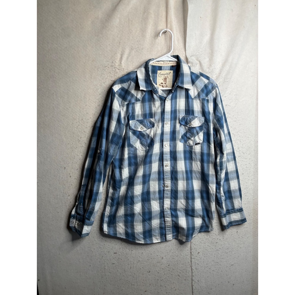 Coastal Mens Blue Plaid Western Pearl Snap Long Sleeve Shirt Size Medium